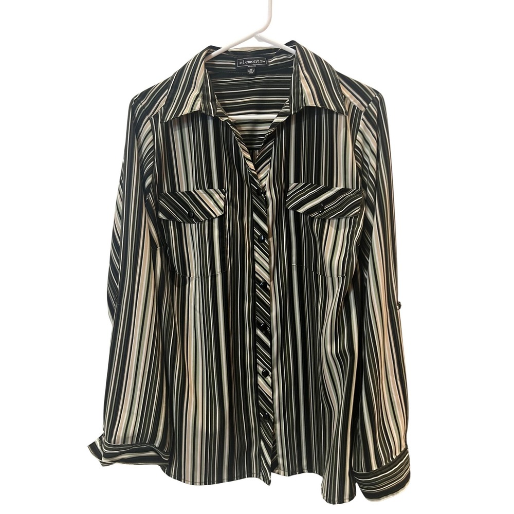 Elementz Woman Green Black Striped Roll Tab Button Down Blouse 1X WSTB0322